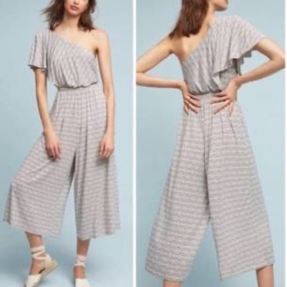 Anthropologie Maeve One Shoulder Ruffle Cropped Wide Leg Jamie Printed Jumpsuit